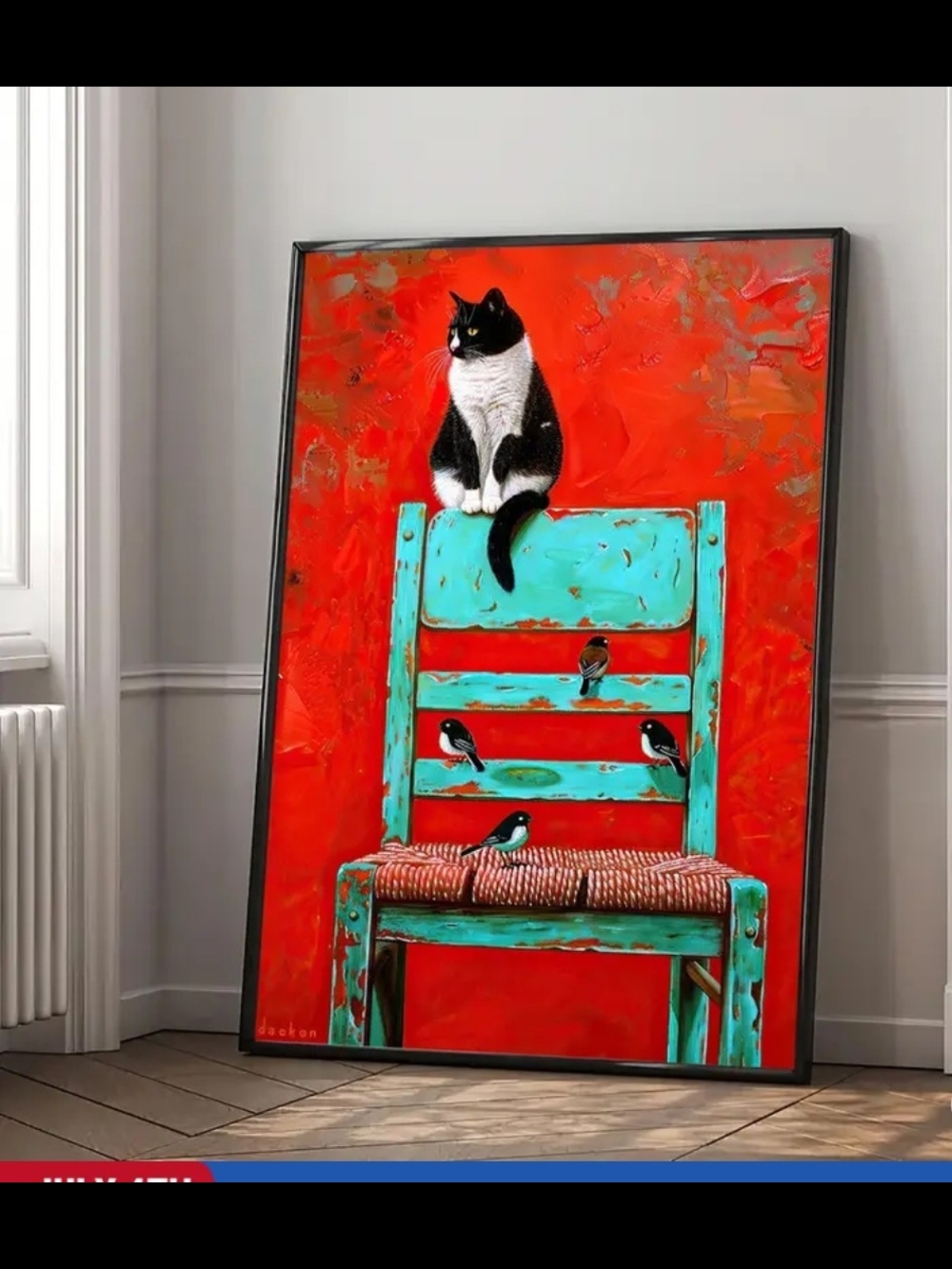 Tuxedo Cat on Turquoise Chair Art Print - Bold Red Background